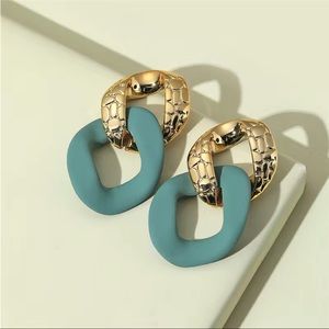 18K GOLD plated double chain teal/green solid and gold snake earrings new NWT